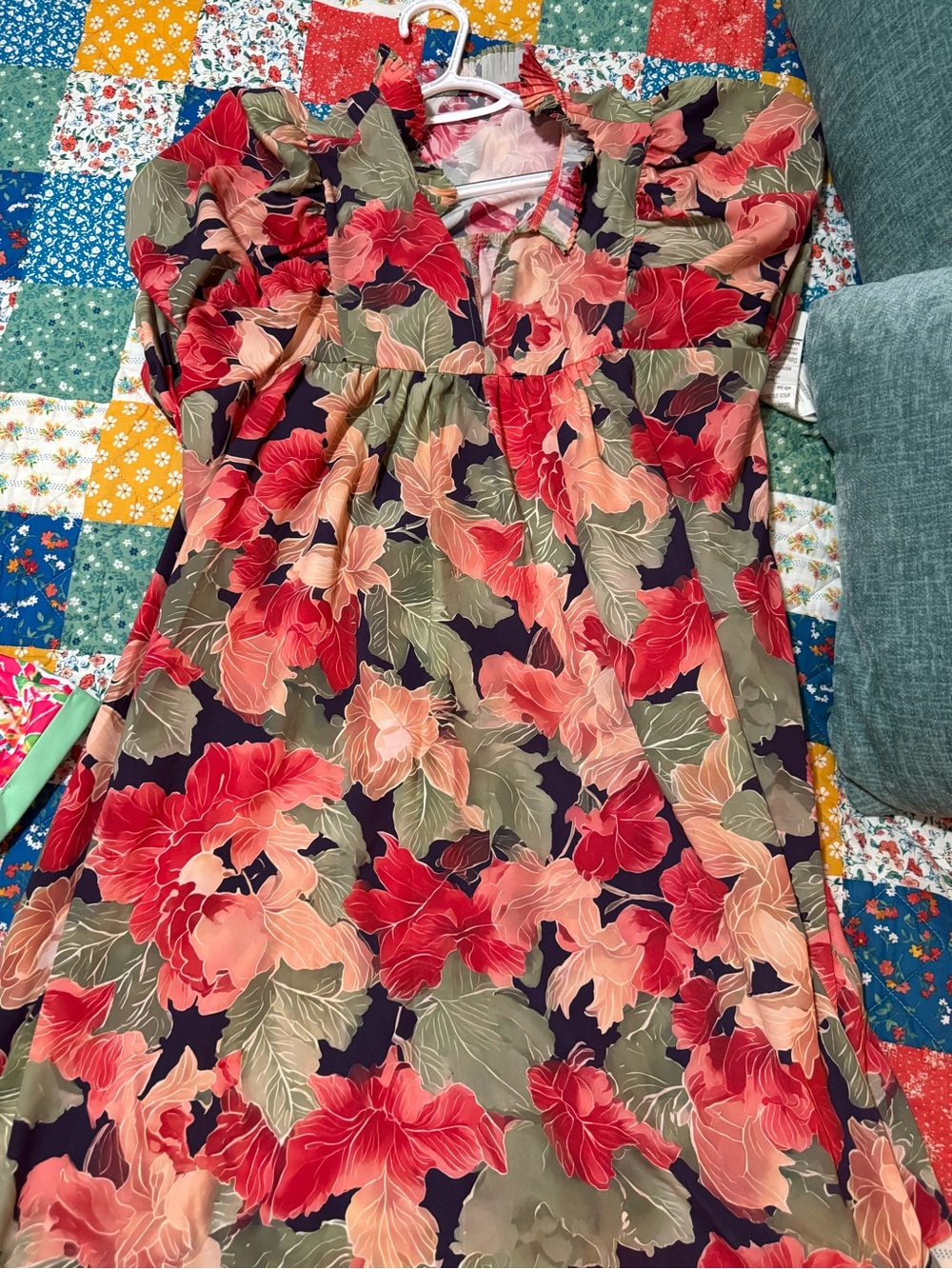 Women’s Floral Ruffle-Trim Dress - Navy with Red & Peach Flowers